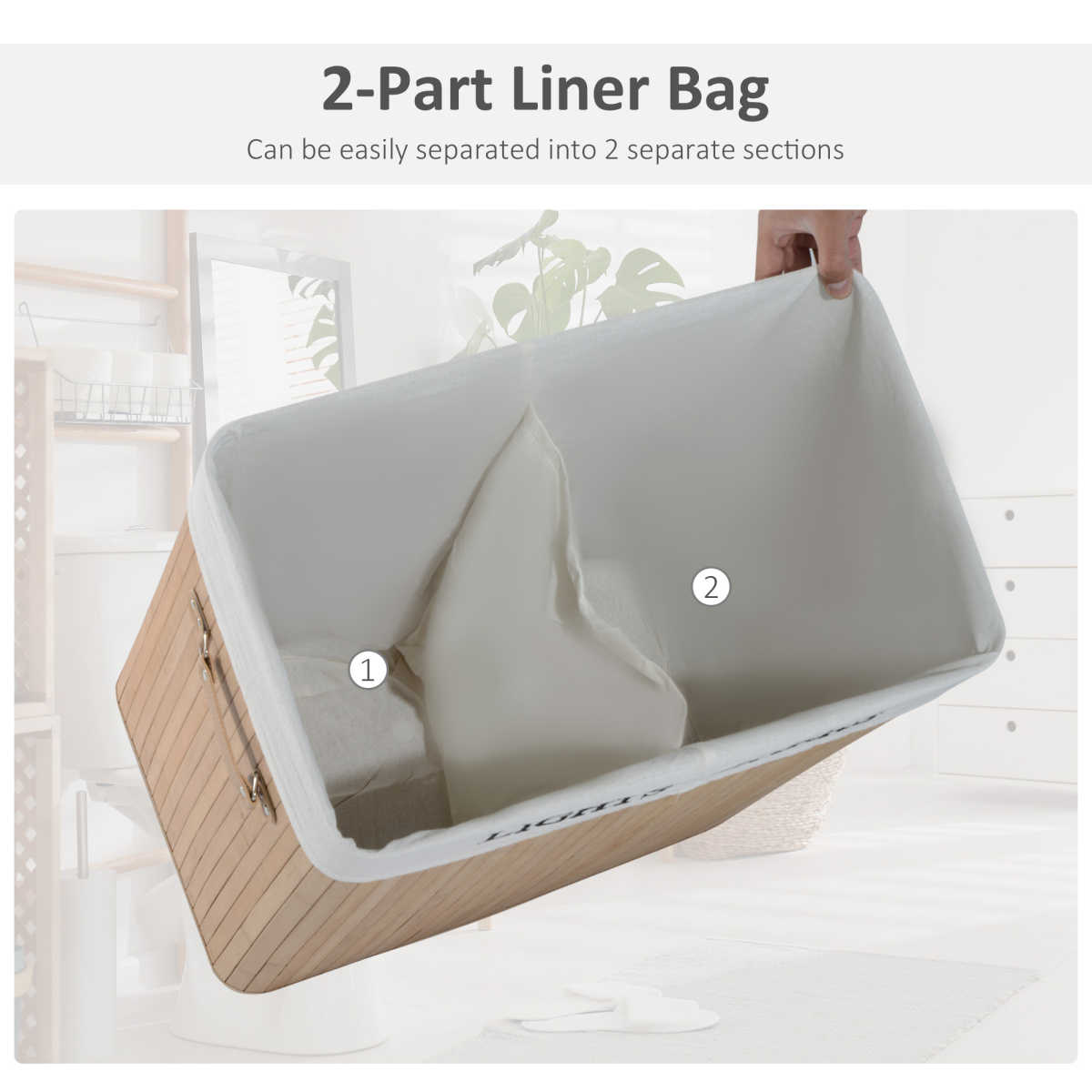 HOMCOM Collapsible Bamboo Laundry Basket with Lid & Removable Bag – Foldable Storage with PU Handles