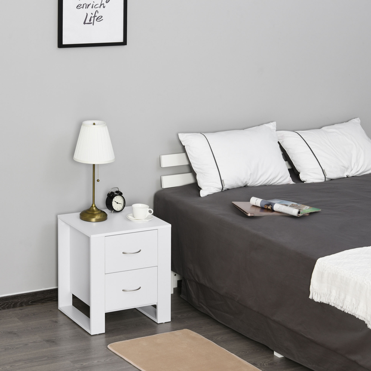 HOMCOM 2-Drawer Bedside Table with Silver-Tone Handles – Particle Board Bedroom Storage, White