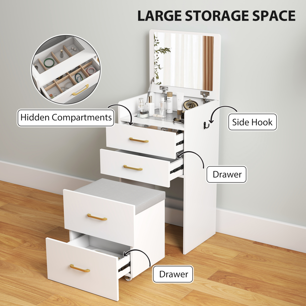 HOMCOM 3 in 1 Dressing Table with Flip-Up Mirror, Cushioned Stool and Drawers – Vanity Desk, White