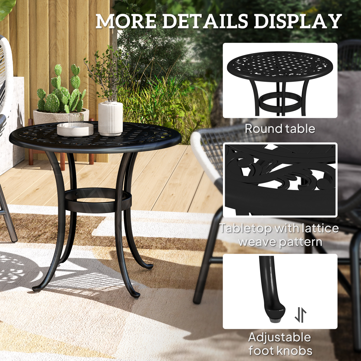 Outsunny Cast Aluminium Garden Side Table with Adjustable Footpads, 60kg Capacity – Outdoor Patio Table, Black