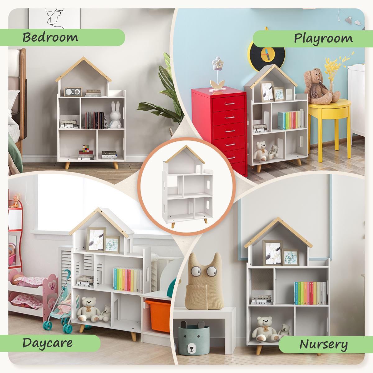 ZONEKIZ 3 Tier Kids Toy Storage Shelf with 6 Cubbies and Solid Wood Feet for Playroom or Bedroom, White