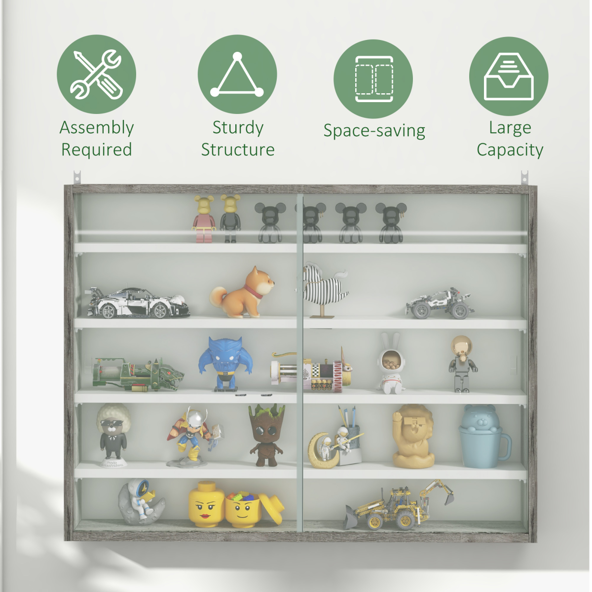 HOMCOM 5-Tier Wall Display Cabinet with Glass Doors & Adjustable Shelves – Space-Saving Wall Storage, Grey