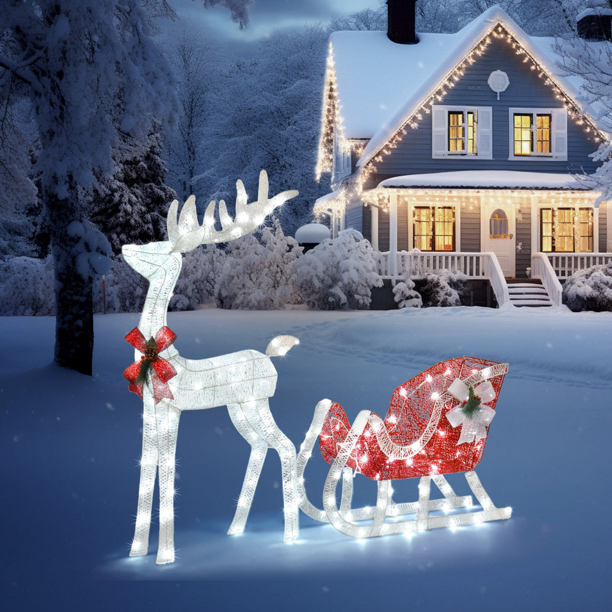 4ft Lighted Reindeer & Sleigh – Red & White
