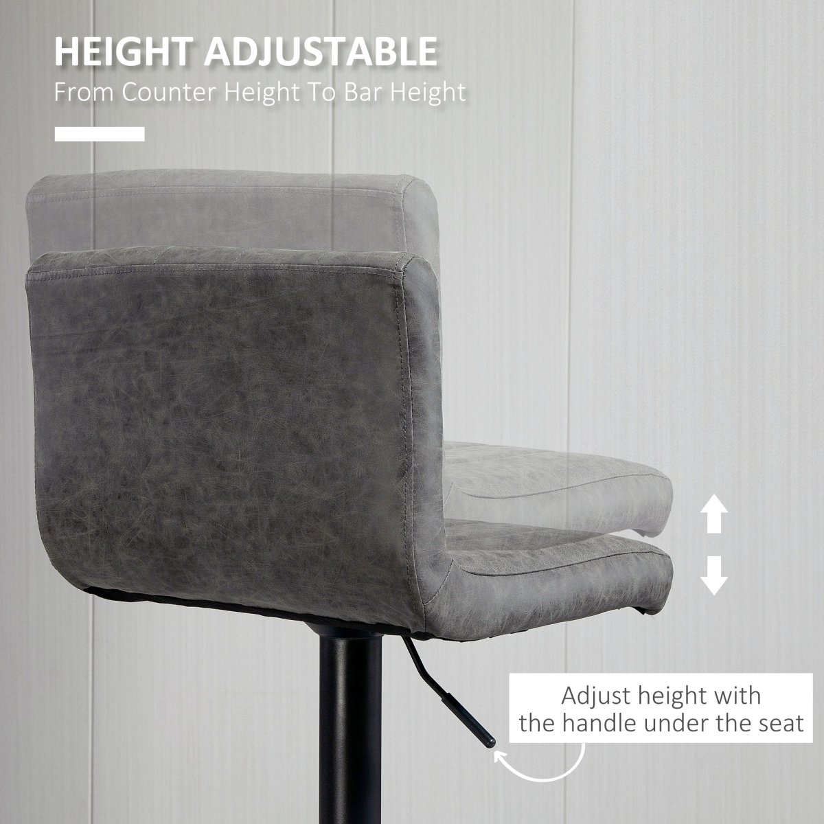 HOMCOM Set of 2 PU Leather Adjustable Bar Stools with Footrest – Swivel Counter Seating, Grey