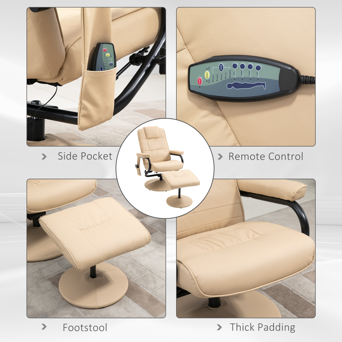 Massage Recliner Chair & Ottoman Footstool Set with High Density Cushioning – Relaxation Armchair, Cream