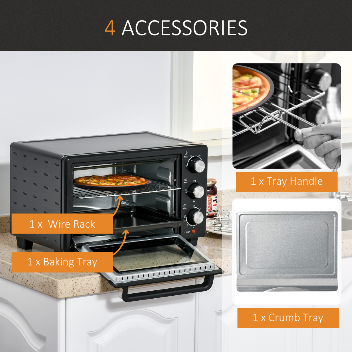 HOMCOM 21L Mini Oven & Grill with Timer, Baking Tray & Wire Rack, 1400W – Countertop Kitchen Oven