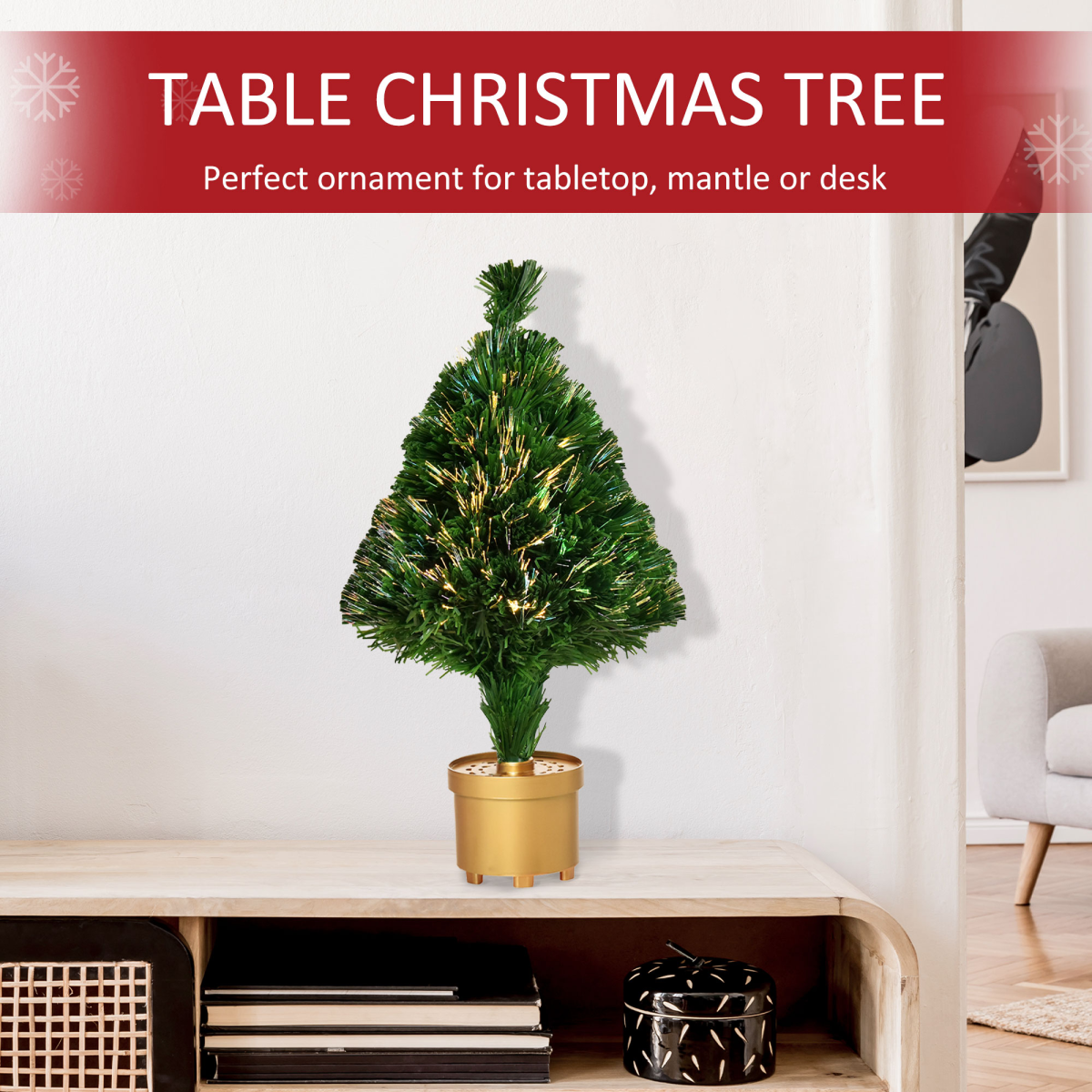 HOMCOM 2ft Pre-Lit Artificial Tabletop Christmas Tree with Fibre Optic & LED Lights – Multi-Colour, Green