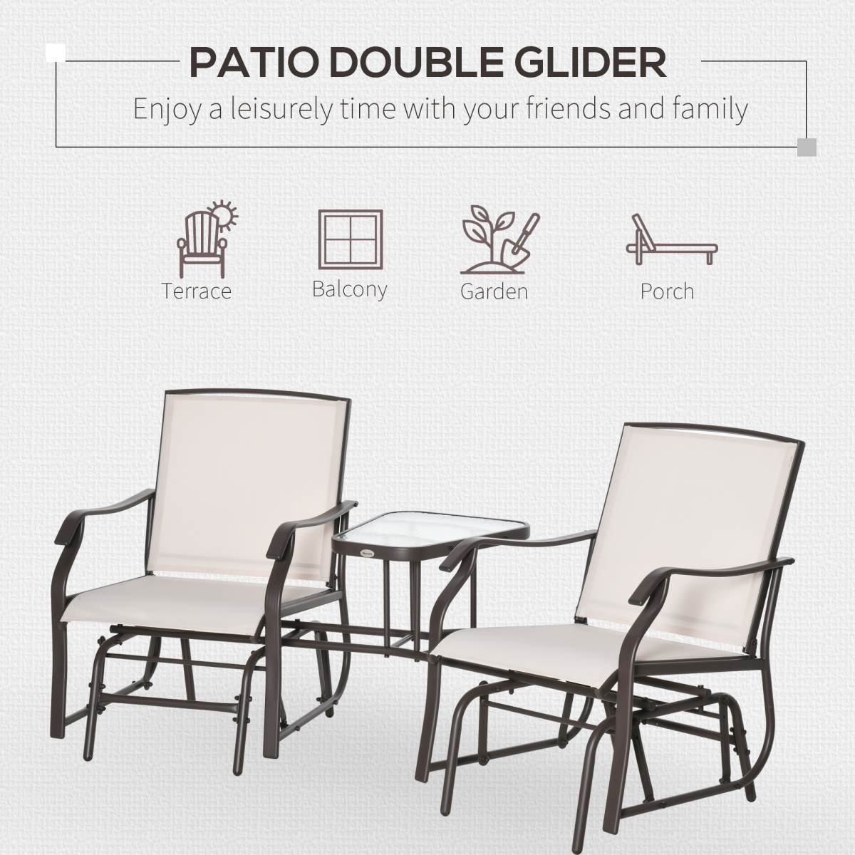 Outsunny Double Glider Rocking Loveseat with Glass Middle Table & Textilene Mesh – Garden Seating, Beige