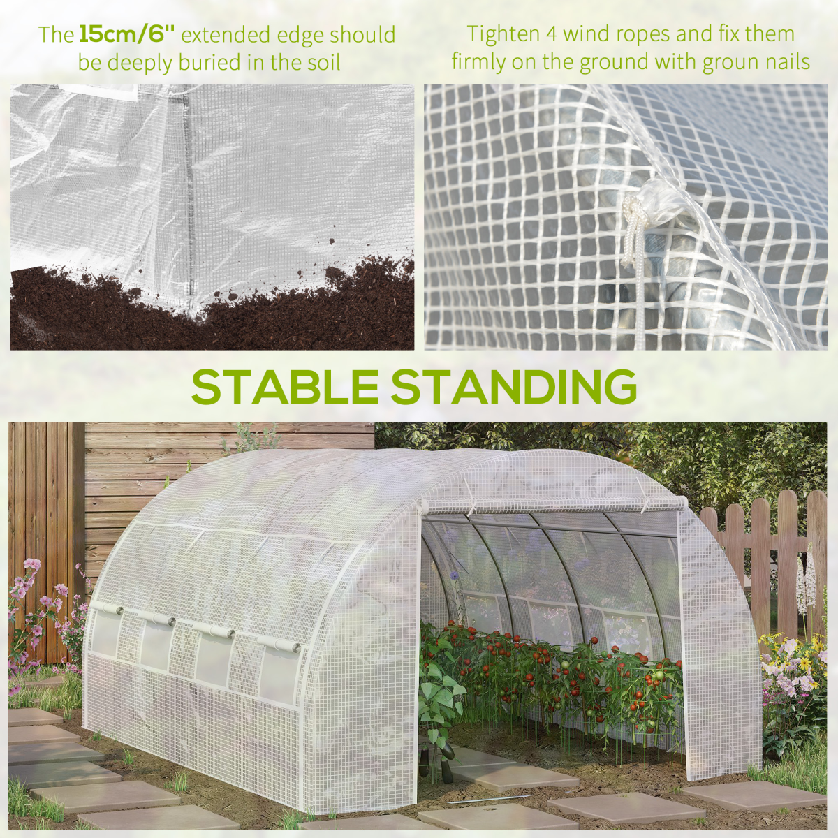 Outsunny 4 x 3 x 2m Walk-in Polytunnel Greenhouse with Steel Frame, Roll-Up Sides & 8 Windows, White
