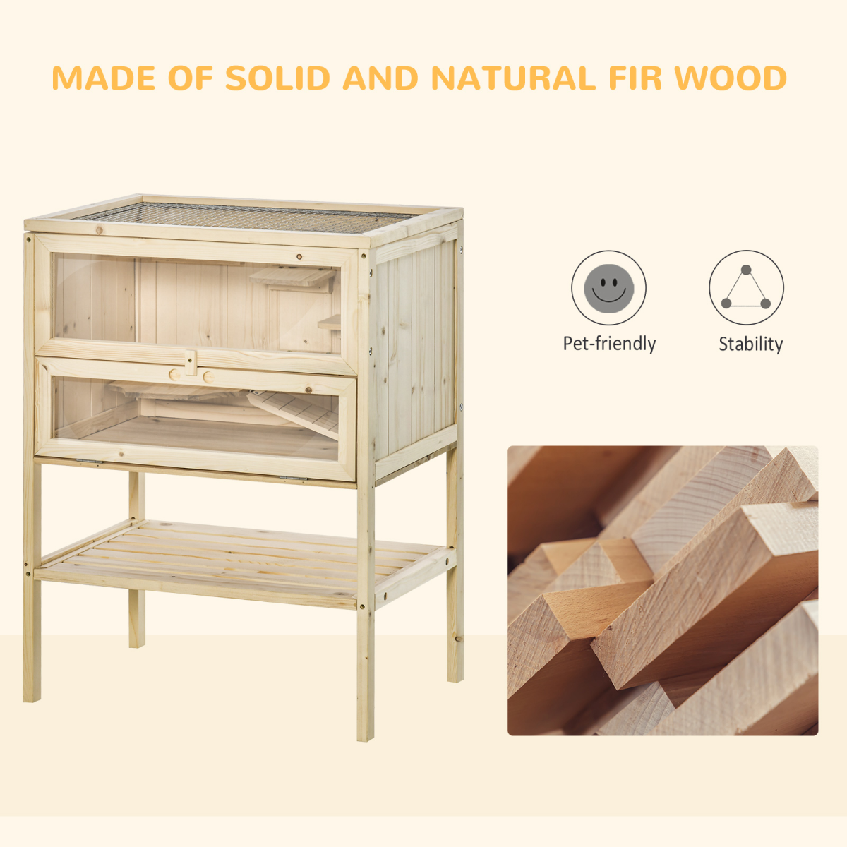 Wooden Hamster Cage with Hinged Top, Front Door and Plexiglass Window – Natural Fir Wood Pet Cage