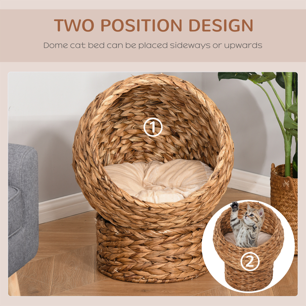 PawHut Wicker Cat House with Raised Cylindrical Base and Removable Cushion – Water Hyacinth Cat Bed