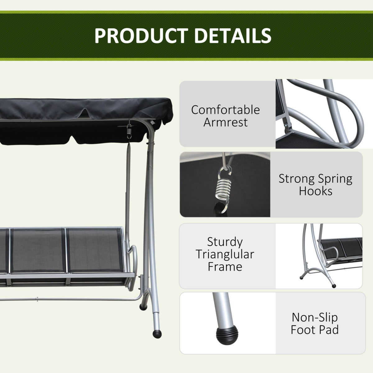Outsunny 3 Person Steel Garden Swing Chair with Adjustable Canopy – Freestanding Patio Seat, Black