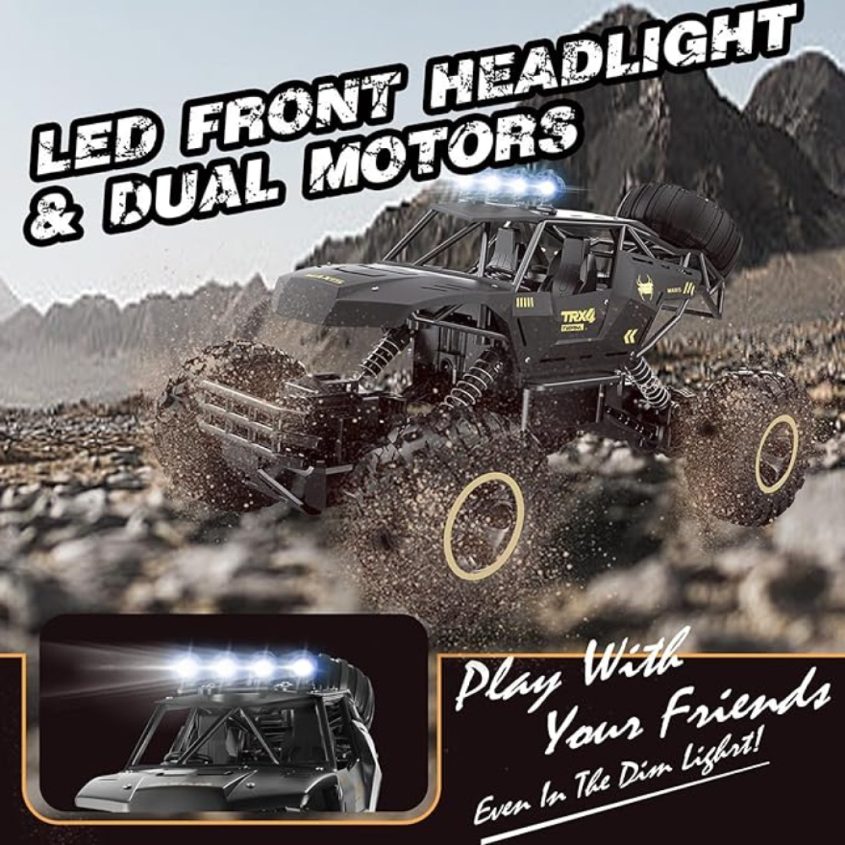 4DRC 1:12 Rock Crawler RC Off-Road Truck, 4WD with Metal Shell, LED Headlights & 2 Rechargeable Batteries