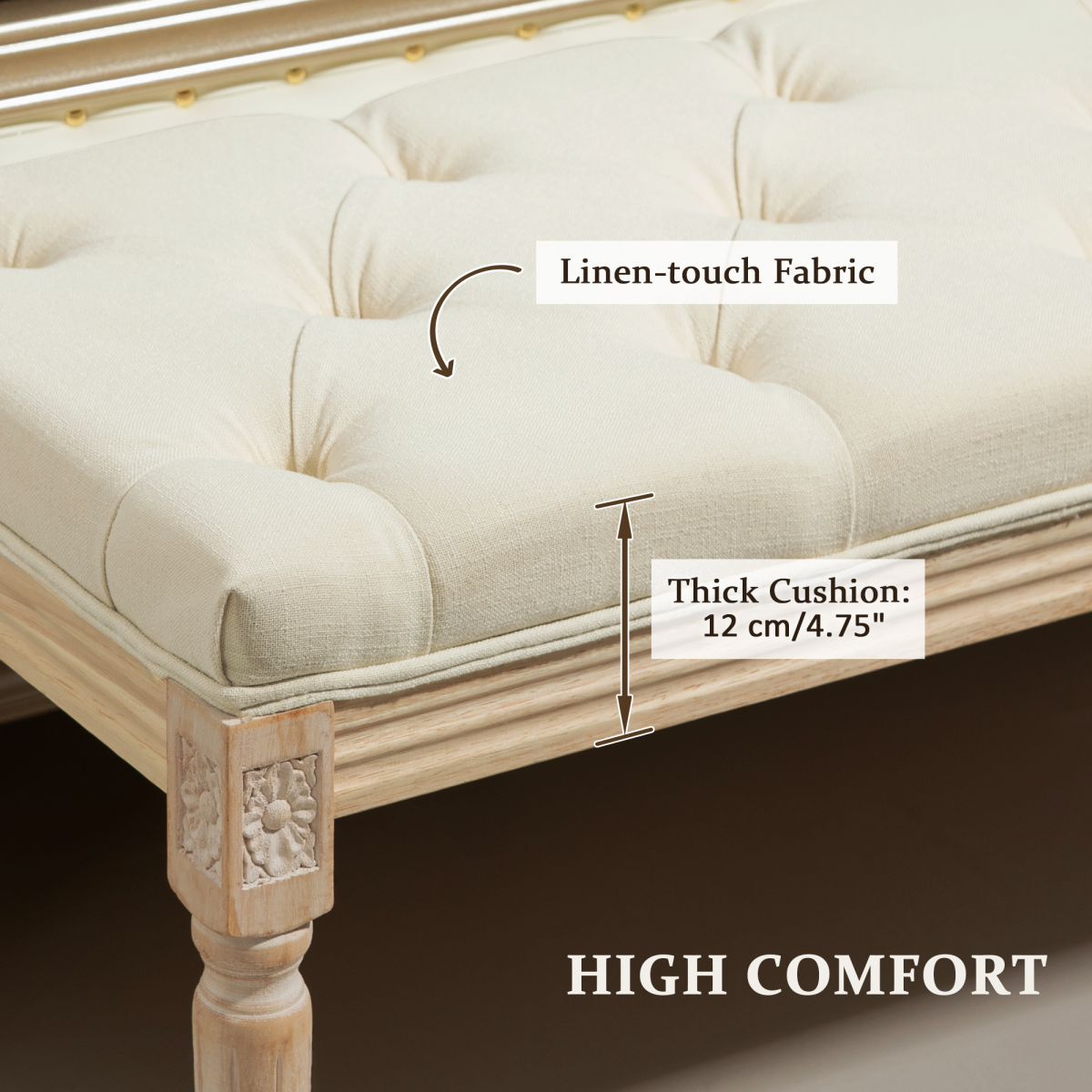 HOMCOM Upholstered End of Bed Bench, Button-Tufted Linen-Touch Ottoman, Cream White