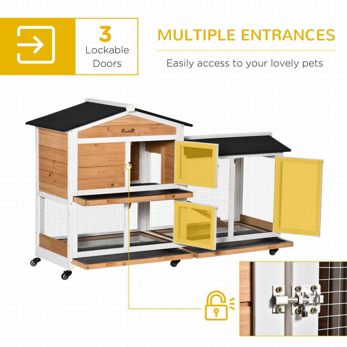 PawHut Wooden Rabbit Hutch & Guinea Pig Cage with Wheels, Run, Slide-Out Tray & Ramp – Two-Floor Outdoor House