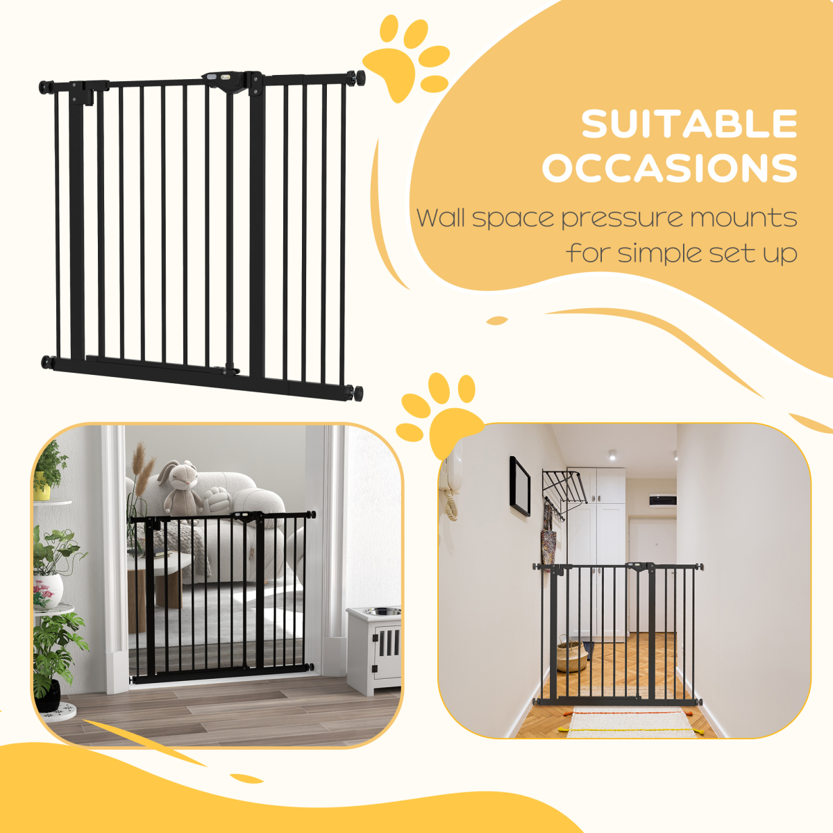 PawHut Adjustable Metal Pet Safety Gate with Extension & Auto-Close Door – Doorway & Stair Barrier, Black