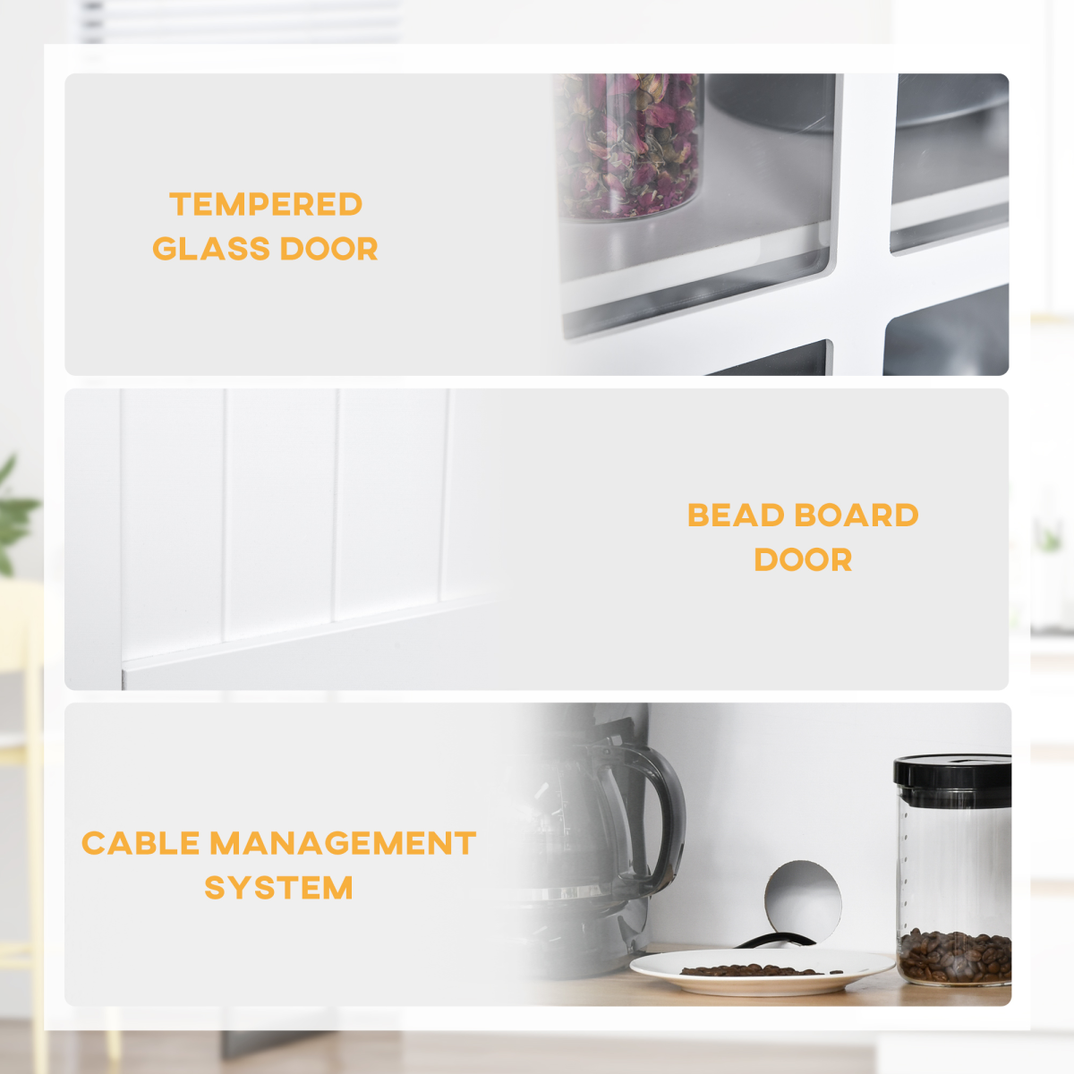 HOMCOM Kitchen Cupboard with Framed Glass Doors, 2 Drawers & Microwave Counter – Coastal Style, White