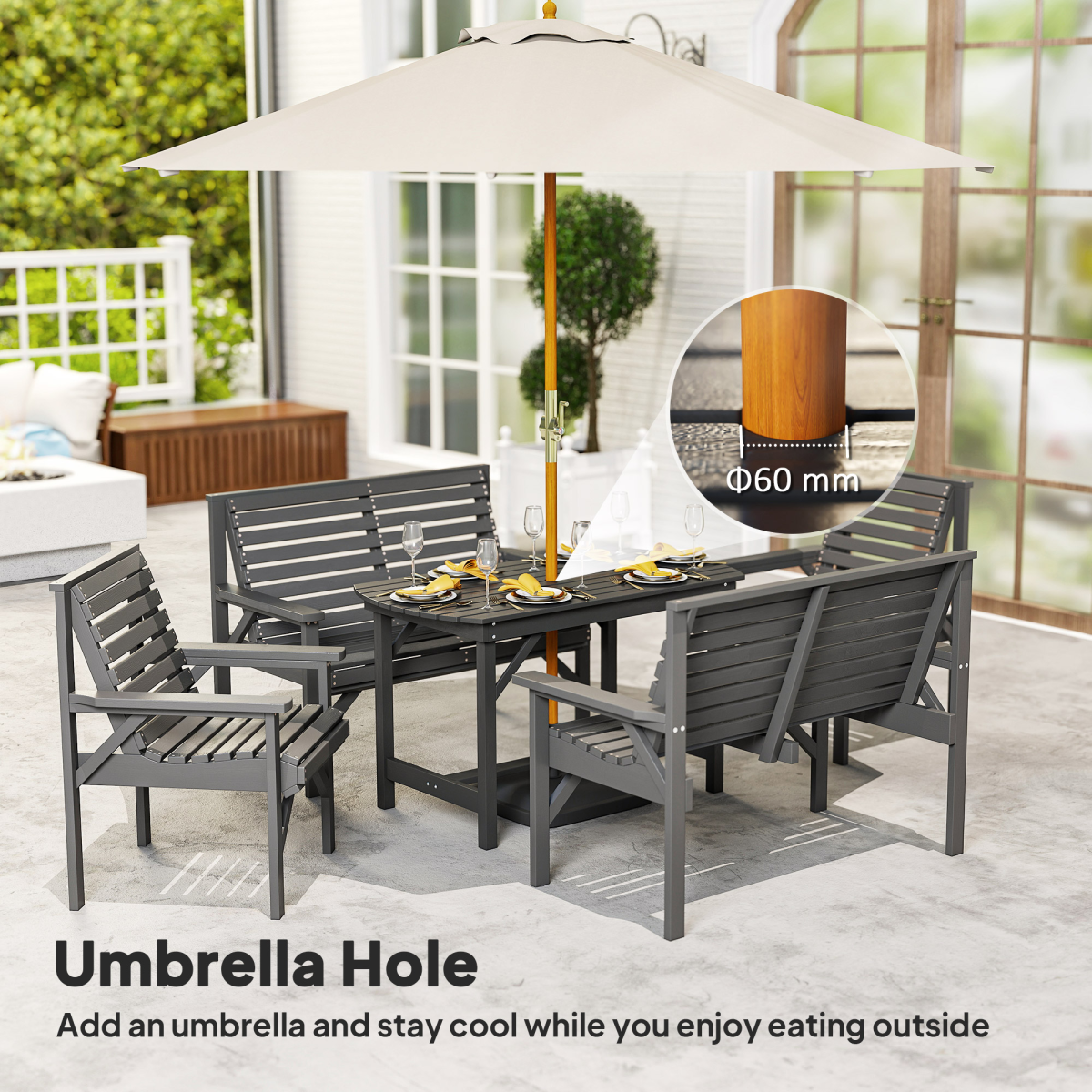 Outsunny 5-Piece Fir Wood Patio Dining Set with 60mm Umbrella Hole – Table, Chairs & Loveseats, Grey