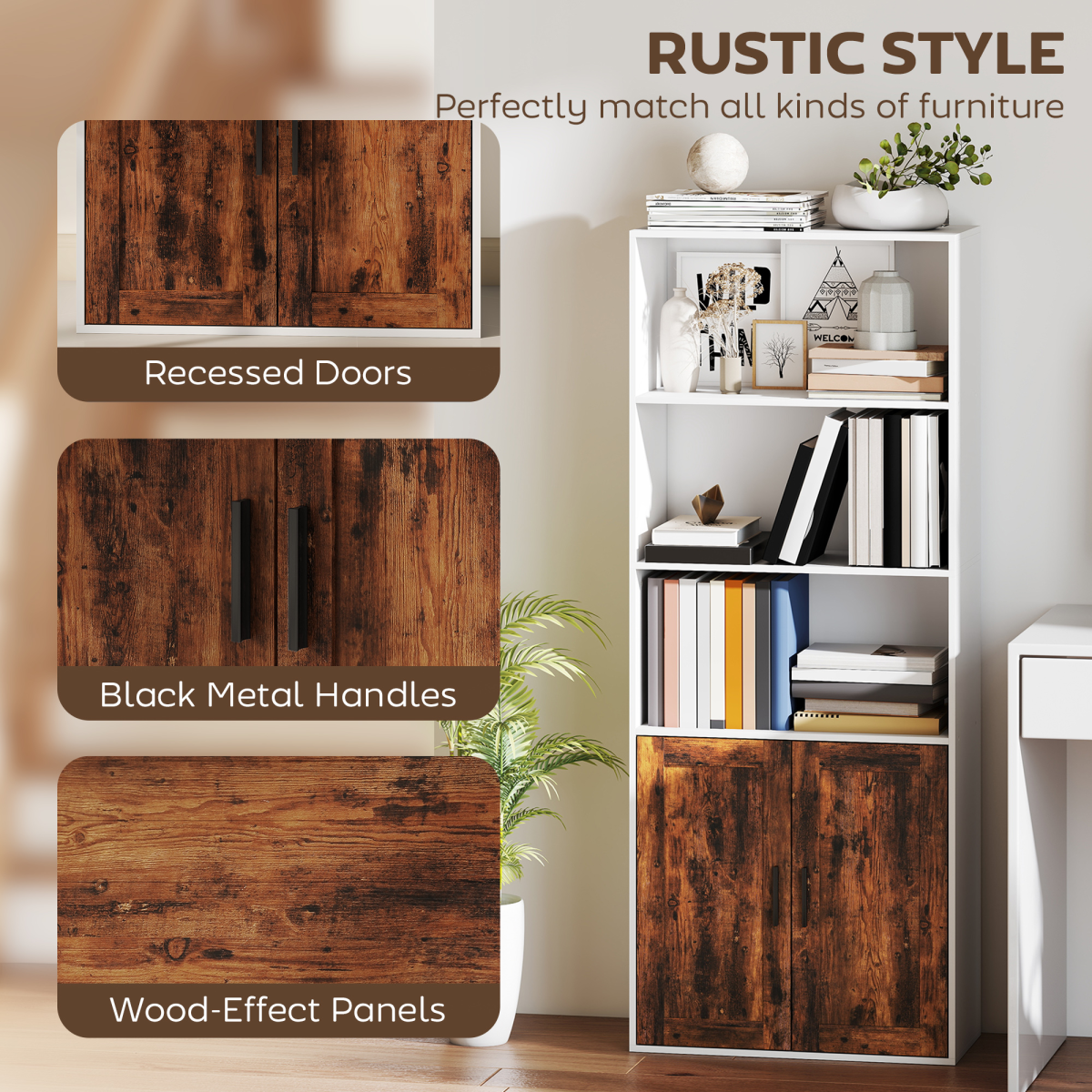 HOMCOM 5-Tier Bookcase with Double-Door Cupboard and Adjustable Shelf – Tall Storage Bookshelf, Rustic Brown