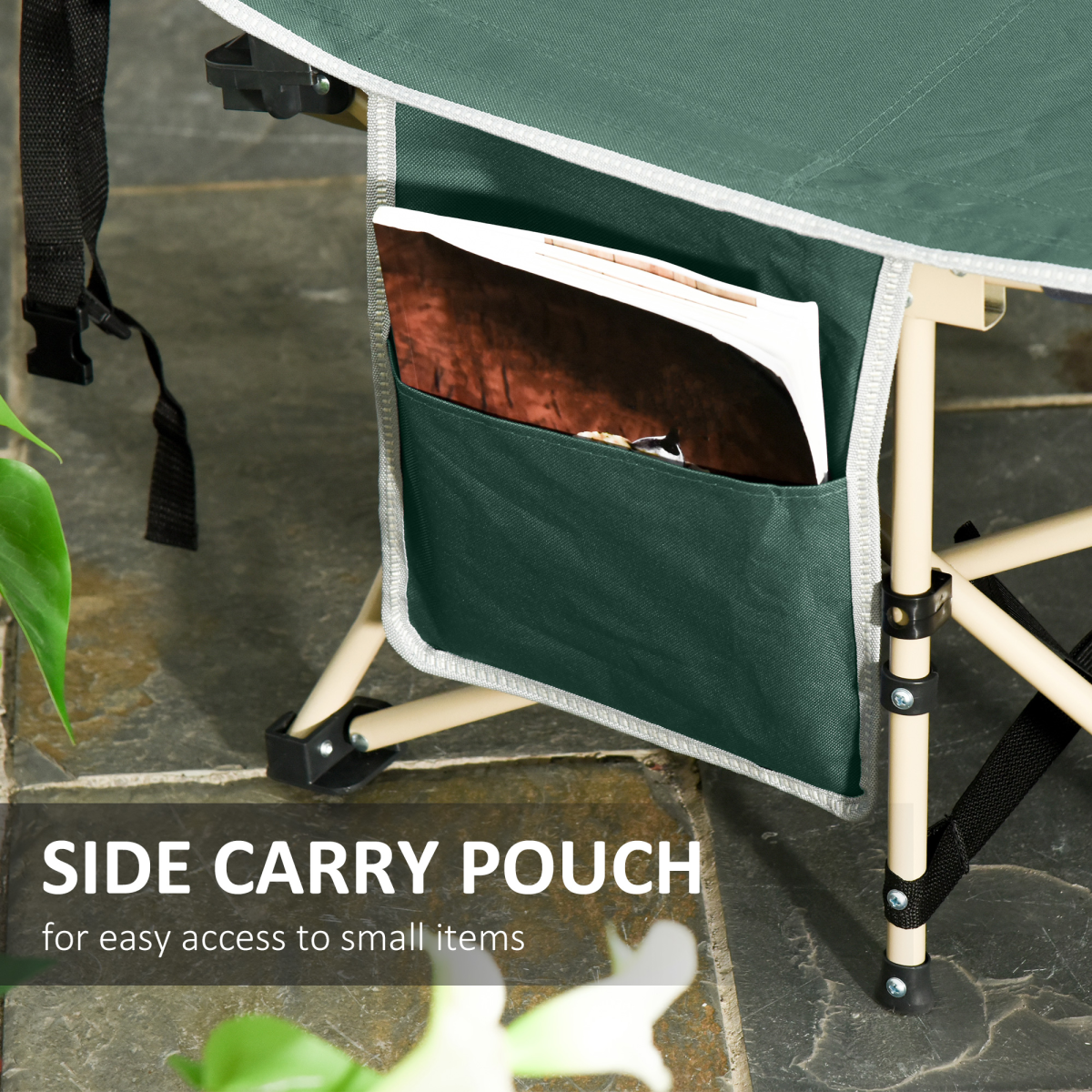 Outsunny Single Folding Camping Cot with Steel Frame, Side Pocket & Carry Bag – Portable Camp Bed, Green