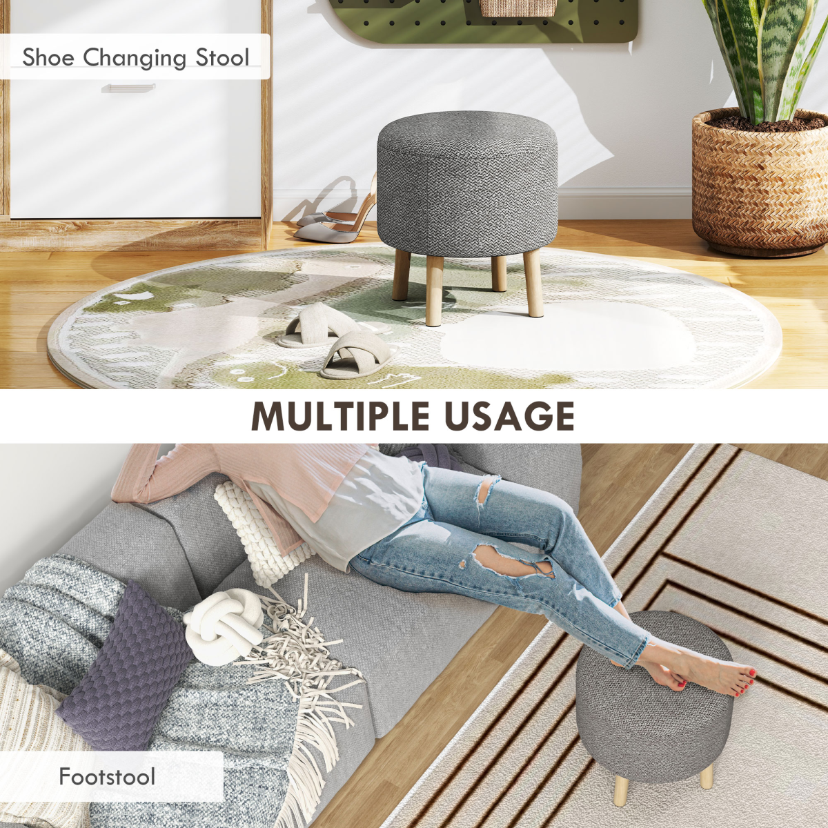 HOMCOM Round Storage Ottoman with Cushioned Top & Hidden Space – Footstool, Light Grey