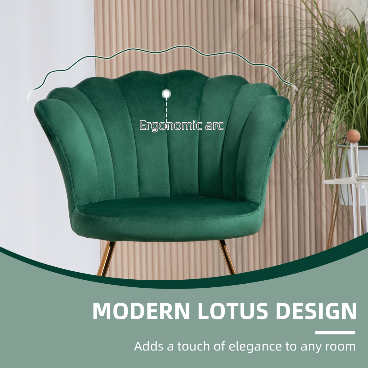 HOMCOM Velvet Lotus-Back Accent Chair with Steel Legs & Sponge Padding – Living Room & Bedroom Seating, Green