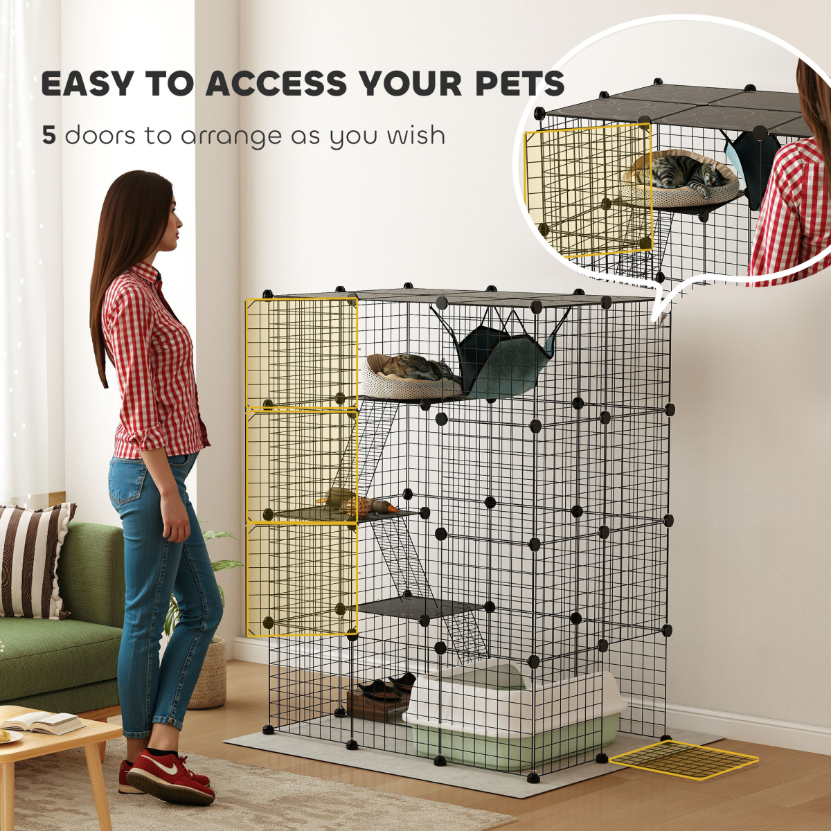 PawHut Customisable Cat Playhouse with Four Tiers, Ramps & Hammock – DIY Cat Enclosure for Up to Three Cats, Black