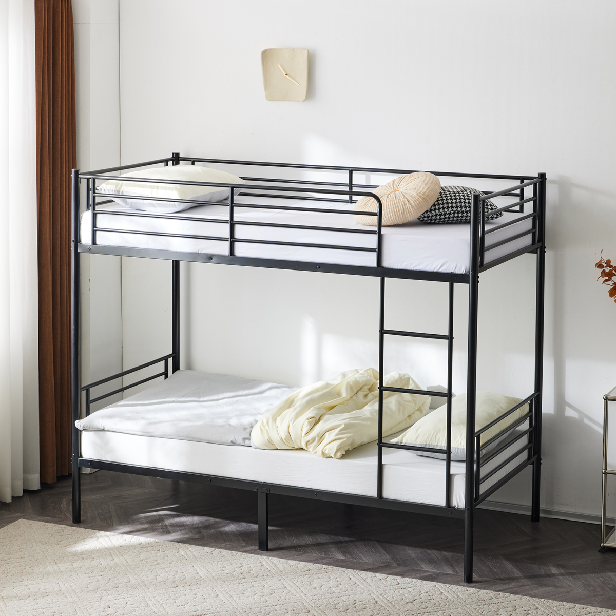 Heavy Duty Metal Single Bunk Bed with Ladder & Guard Rail – Space-Saving Frame, Black