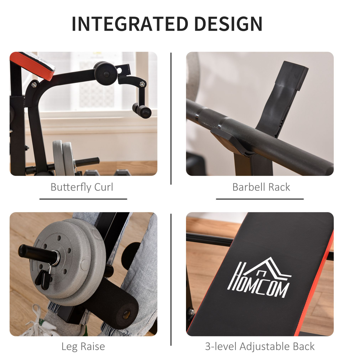 HOMCOM Multi-Function Adjustable Weight Bench with Barbell Rack, Preacher Curl Pad & Leg Curl – Home Gym