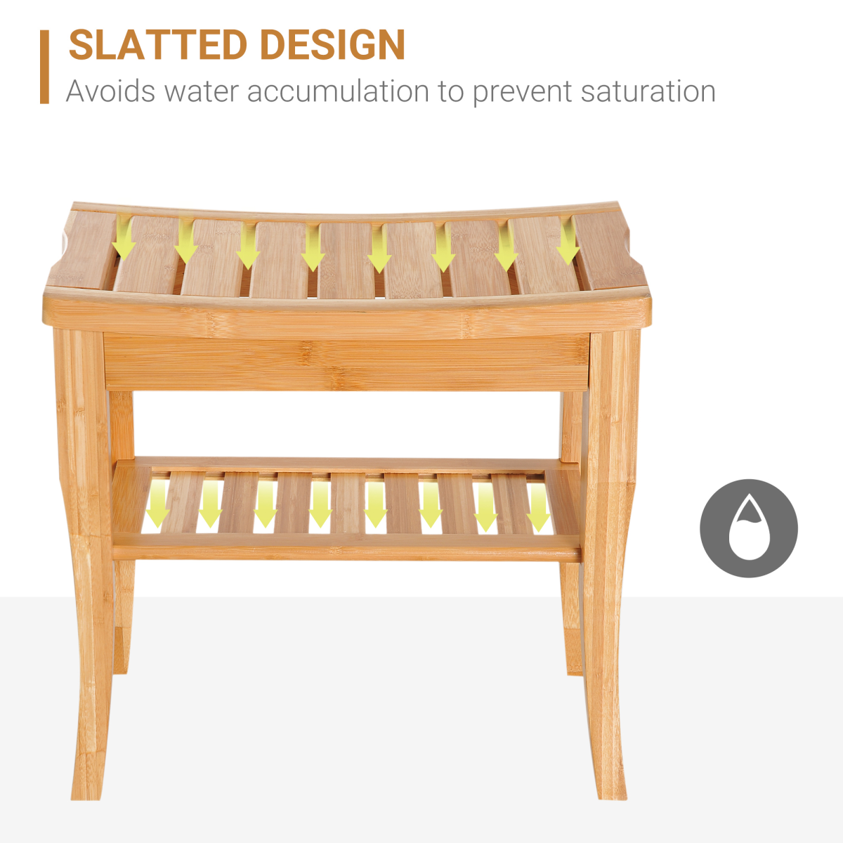 2-Tier Slatted Shower Bench with Storage Shelf – Compact Bath Seat with Round Edges and 100kg Capacity