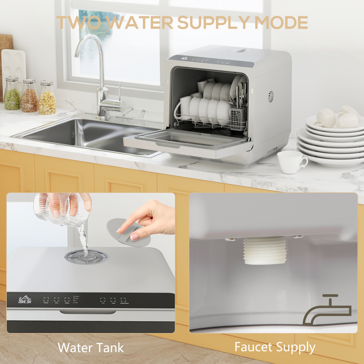 HOMCOM Worktop Dishwasher with 4 Place Settings & 6 Programs – Compact Countertop Design, Silver Tone