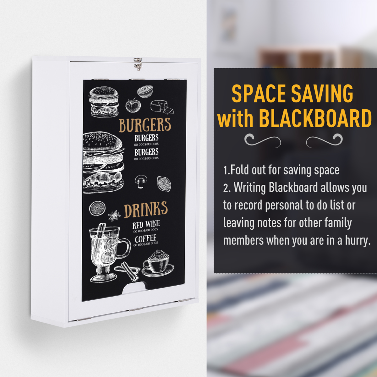 HOMCOM Wall-Mounted Folding Drop-Leaf Table with Chalkboard Surface & Storage Shelf – White