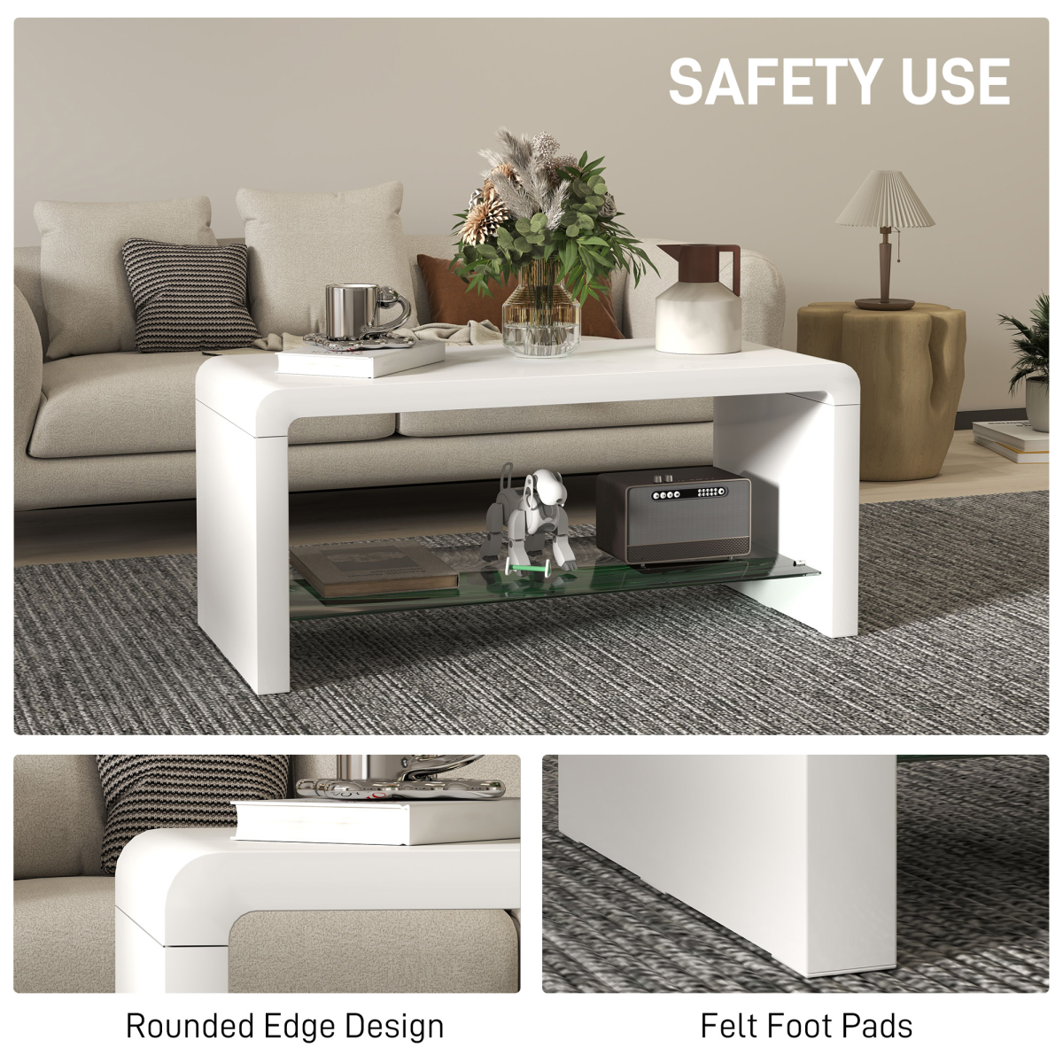 HOMCOM High Gloss Coffee Table with Lower Glass Shelf – Curved Two-Tier Living Room Table, White