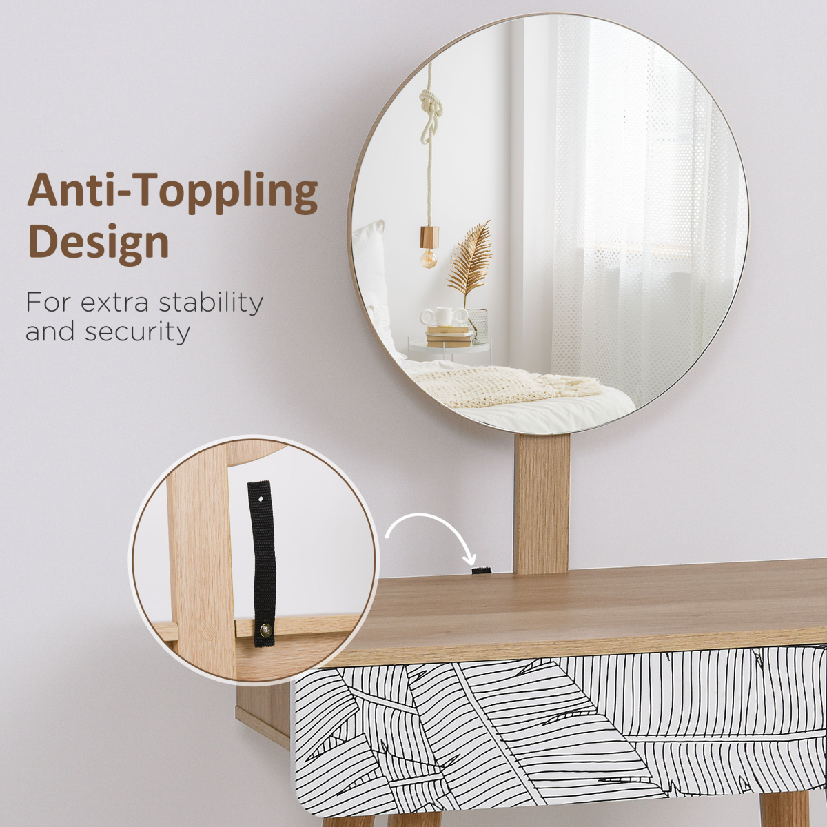 HOMCOM Nordic Dressing Table with Adjustable Round Mirror and Large Drawer – Solid Wood Vanity, Brown/White