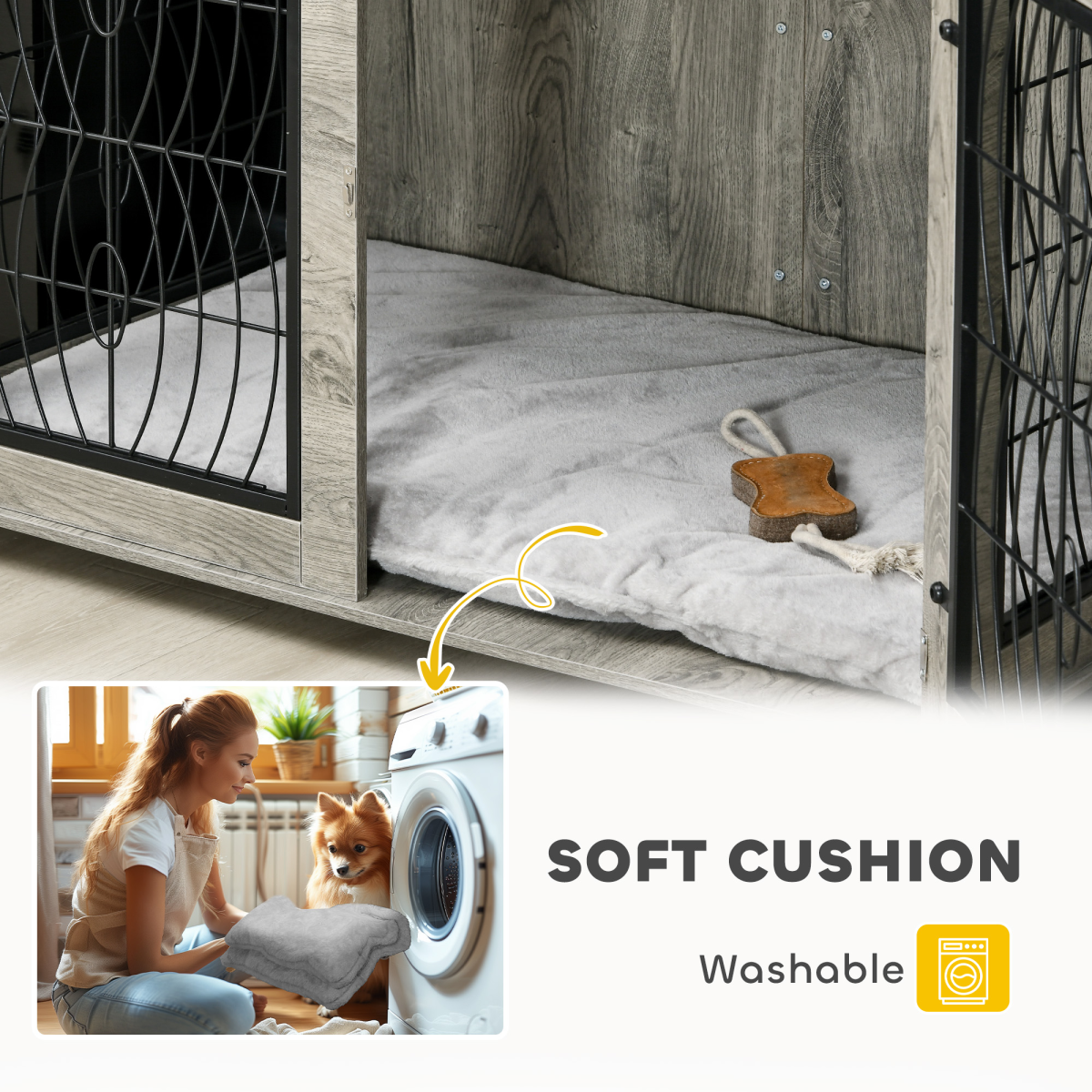 PawHut Dog Crate Furniture, 37 Inch End Table for Large Dogs with Cushion – Lockable Door, Grey Wood Effect