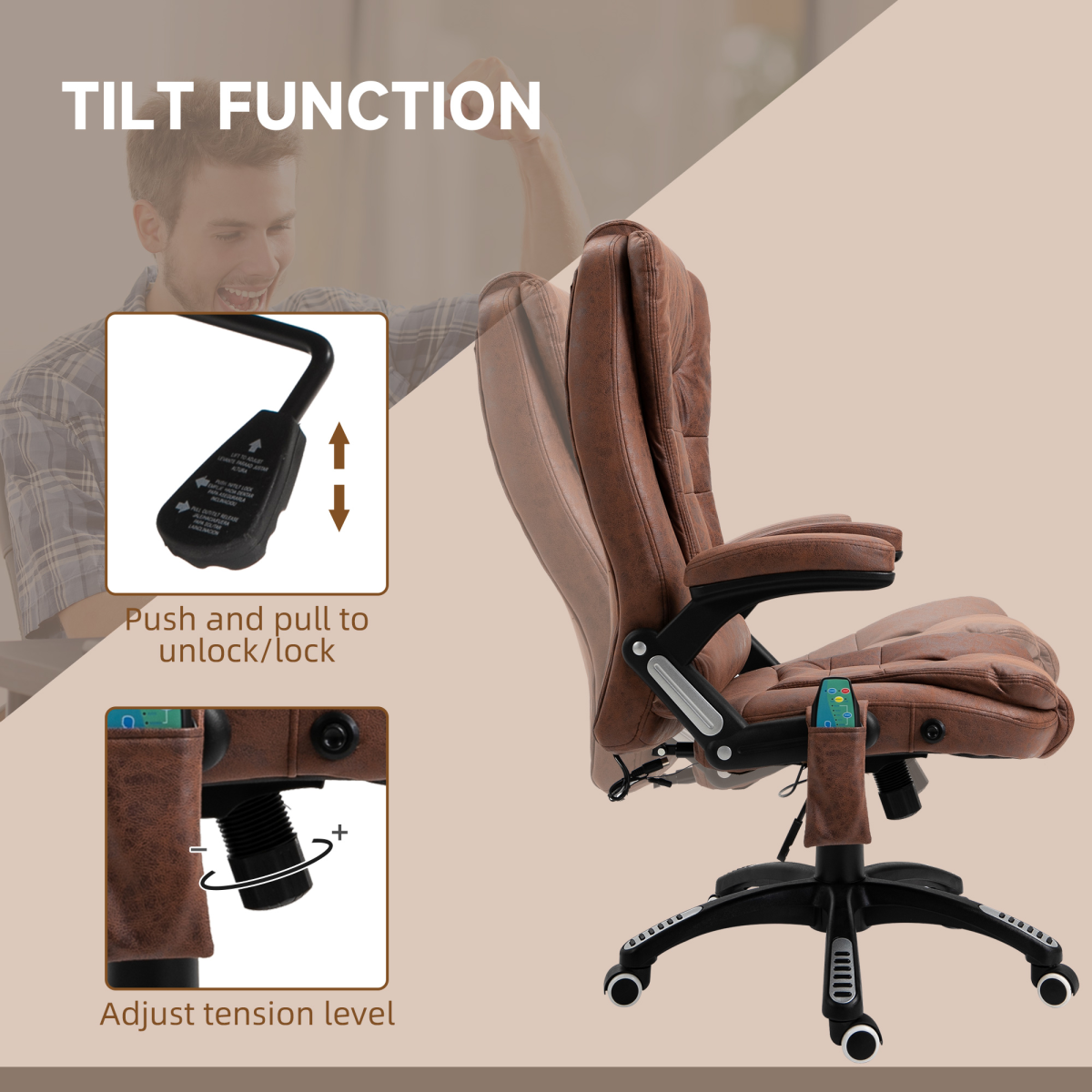 Executive Reclining Office Chair with Heated Massage, Padded Headrest & Swivel – Height Adjustable, Brown