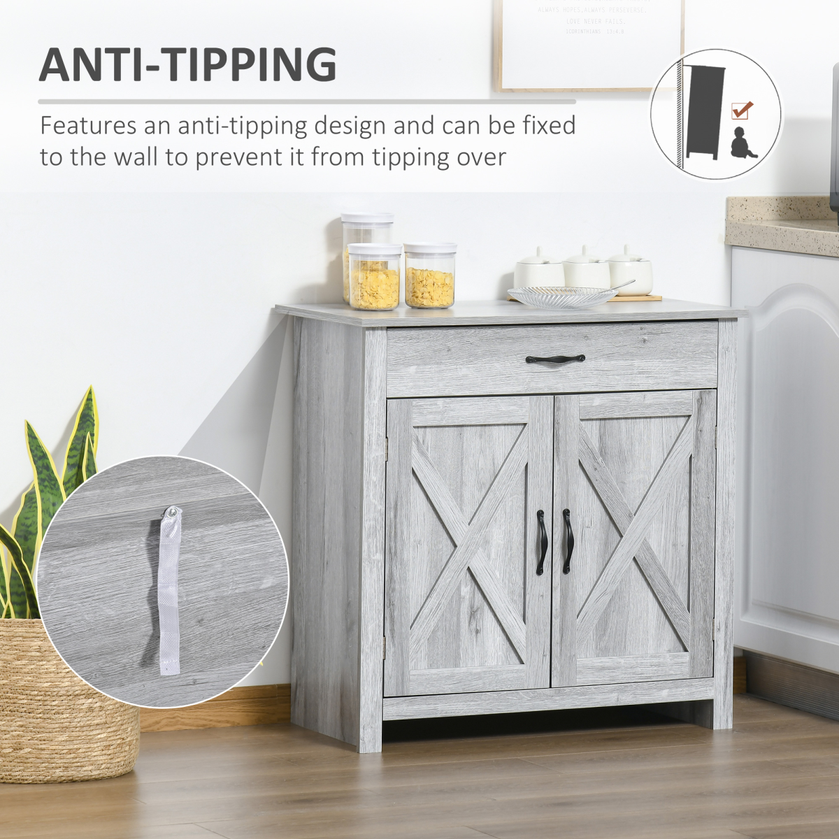 Farmhouse Barn Door Sideboard Buffet & Coffee Bar Cabinet – Sliding Door Kitchen Storage, Grey Wood Grain