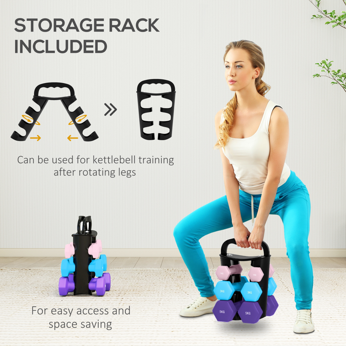 Dumbbell Set with Storage Rack, 18kg Total (2 x 1kg, 2 x 3kg, 2 x 5kg) – Home Gym Hand Weights, Pink, Blue & Purple