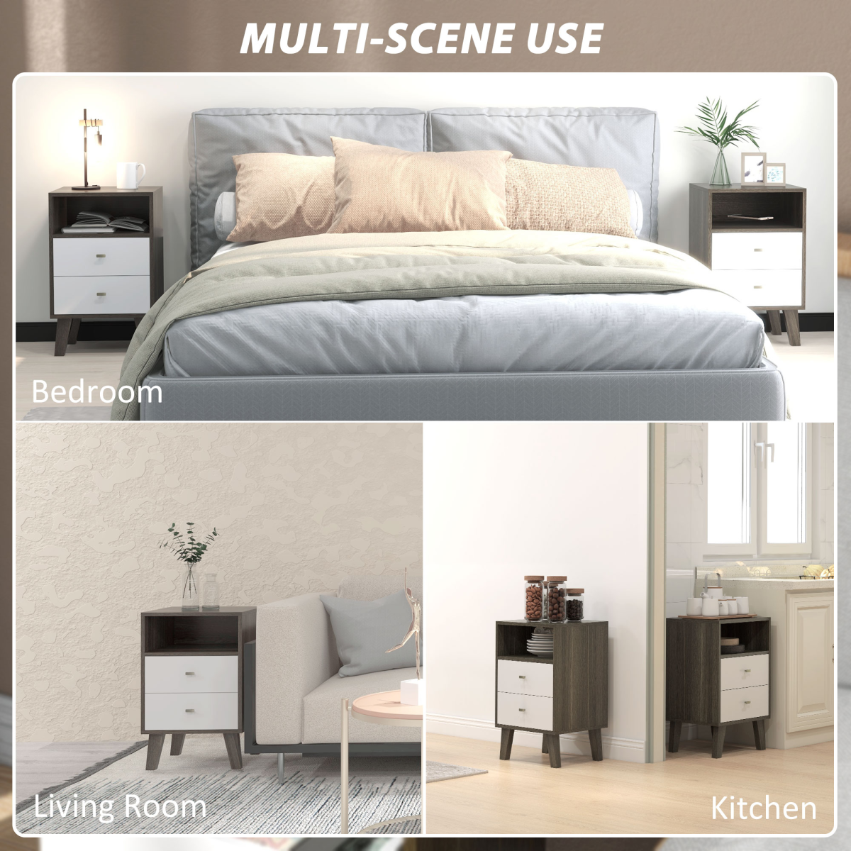 HOMCOM Modern Bedside Tables Set of 2 with 2 Drawers & Open Cubby – Scandinavian-Industrial Nightstands