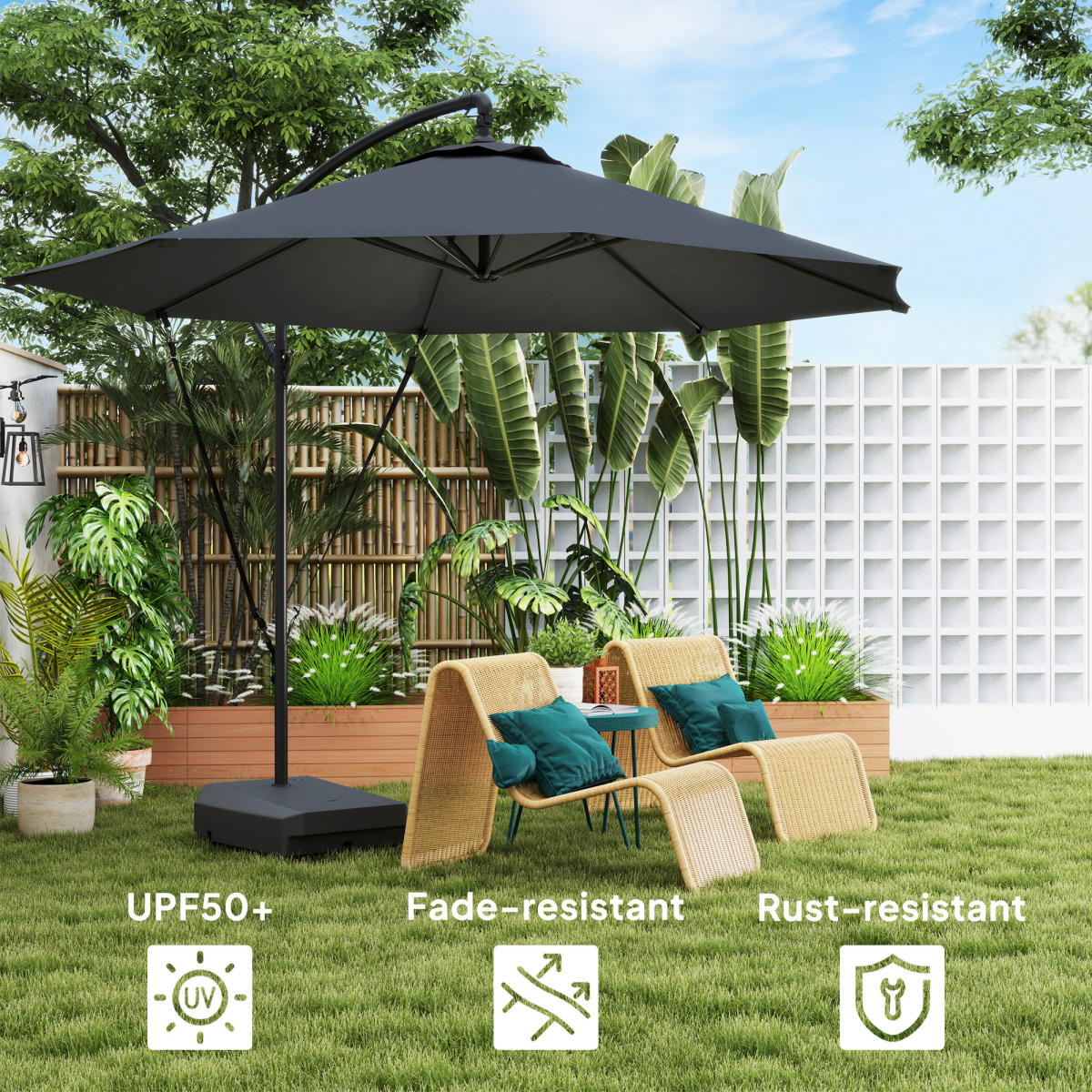 Outsunny 360° Rotating Patio Parasol with UV50+ Canopy, Wind Straps & Wheeled Weighted Base – Dark Grey