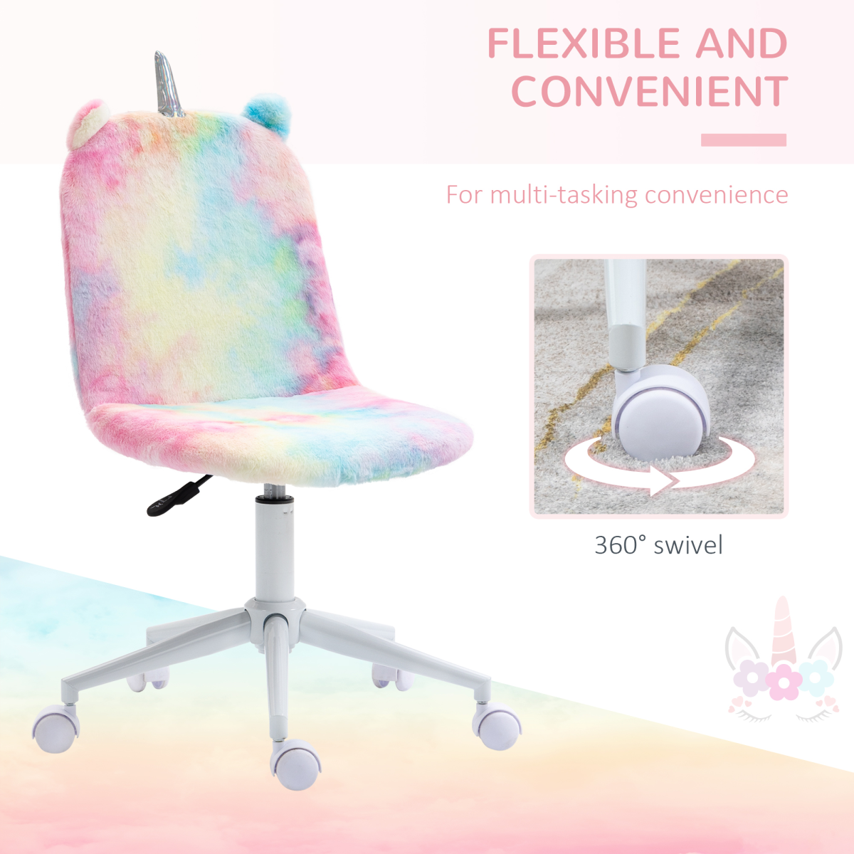 Vinsetto Fluffy Unicorn Office Chair with Ears & Silver Horn, Height Adjustable – Rainbow Kids & Teens Swivel Desk Chair