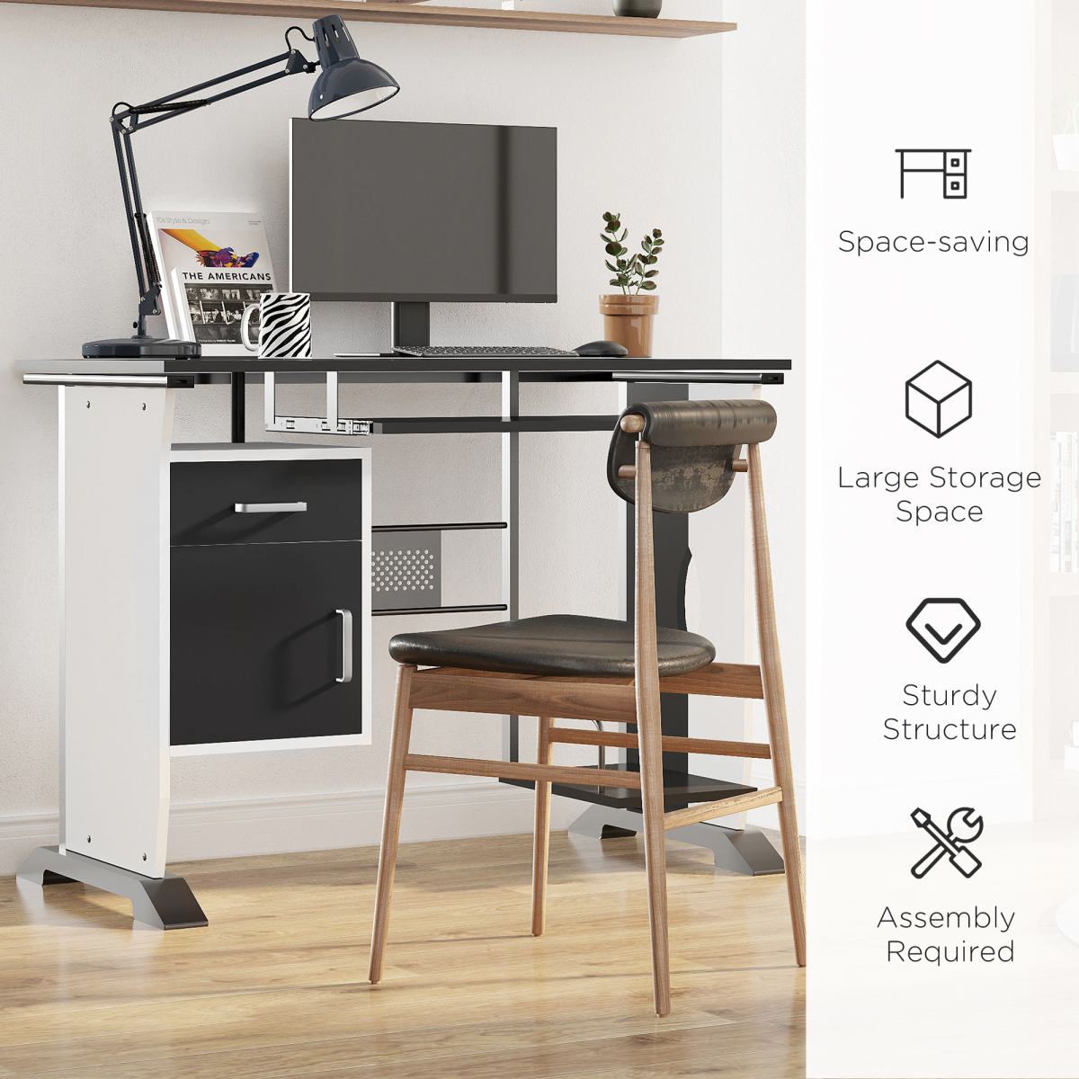 HOMCOM Computer Desk with Drawer, Keyboard Tray & CPU Stand – Home Office Workstation, Black