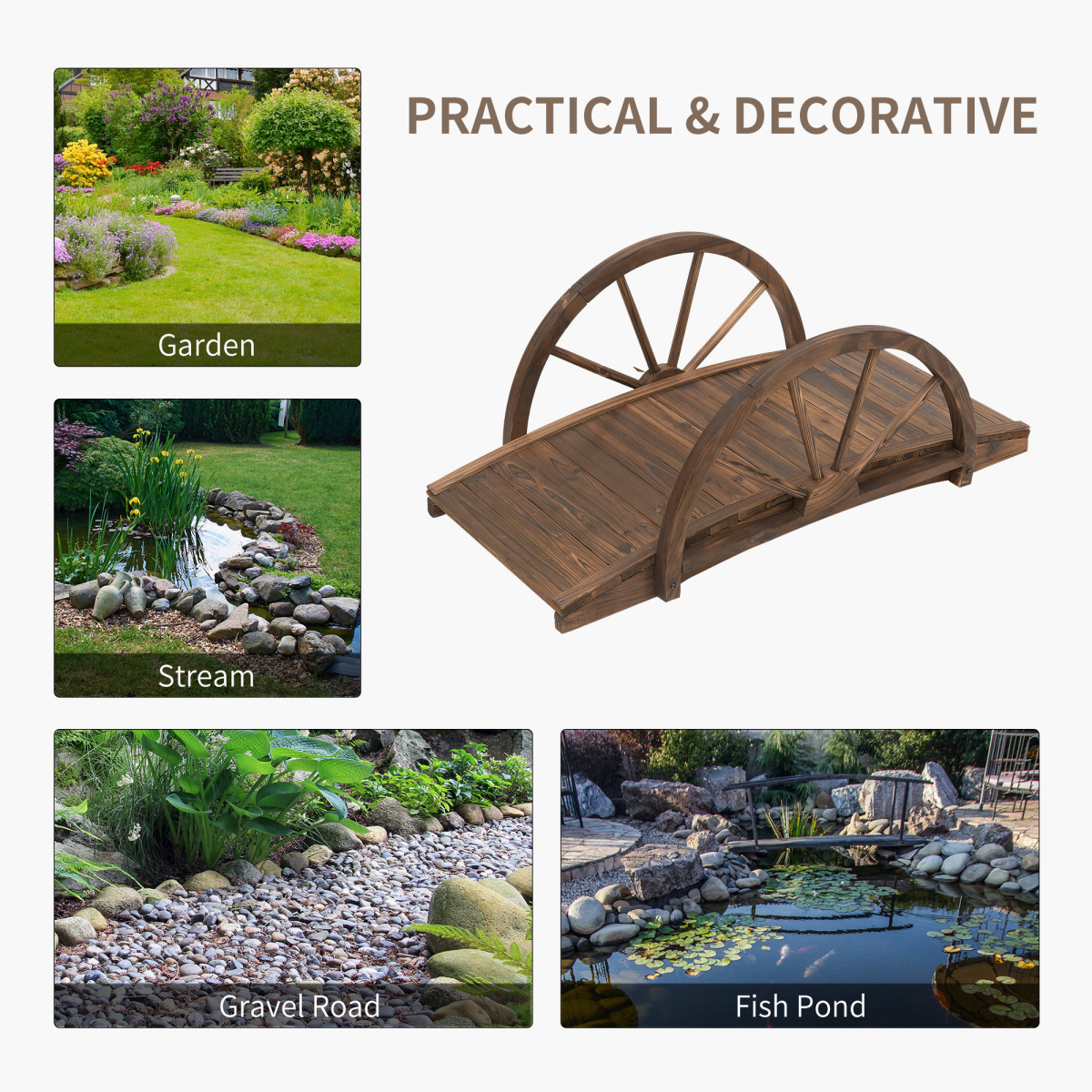 Outsunny Fir Wood Garden Walkway Bridge, 3.3ft / 1m with Half-Wheel Side Rails – Outdoor Pond Decor, Brown