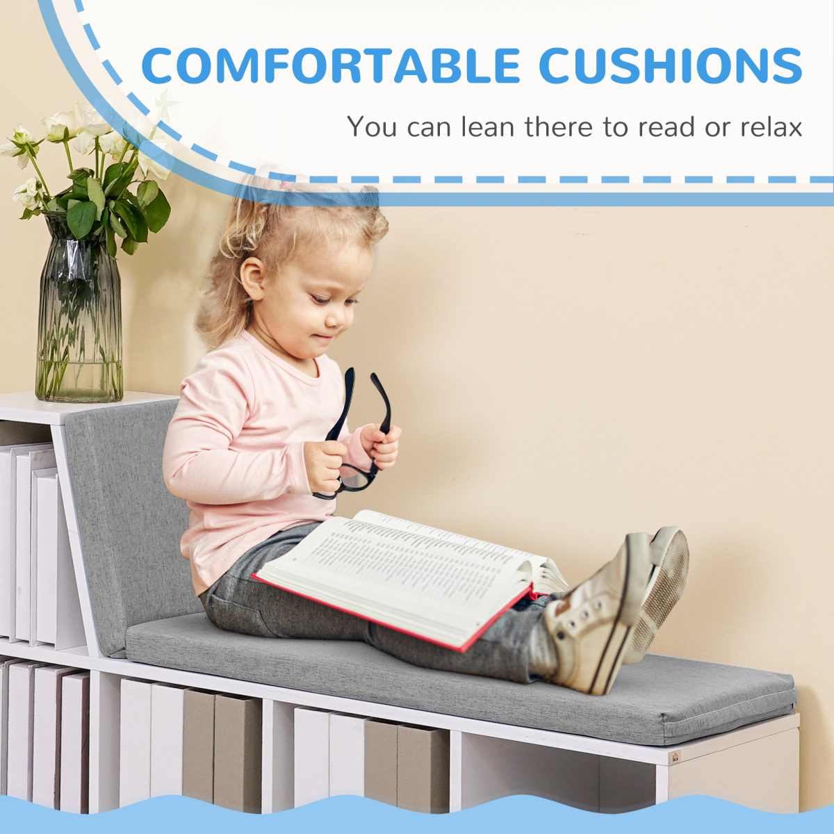 2-Tier Modern Bookcase with Removable Cushions – Storage & Bench Seat for Offices and Kids' Rooms, White