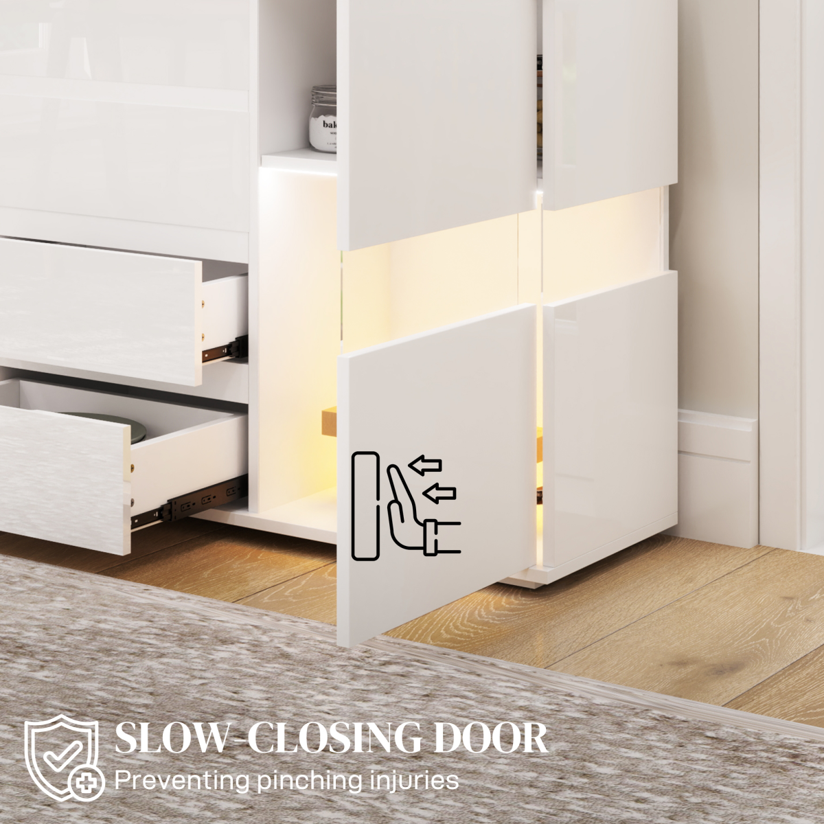 HOMCOM LED High Gloss Sideboard with 4 Drawers & 2 Side Cupboards – Living & Dining Room Storage, White