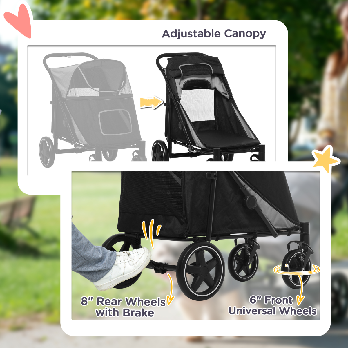 PawHut Foldable Dog Pram with Universal Wheels & Shock Absorber – Steel Frame for Medium and Large Dogs, Black