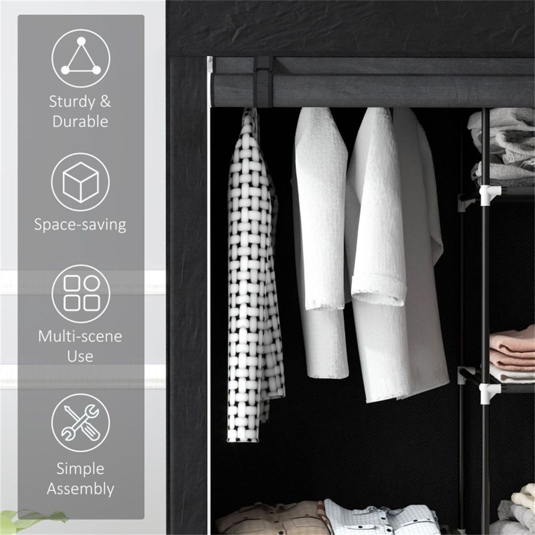 Chester Fabric Wardrobe with Hanging Rail, 6 Shelves and Roll-Up Door – Steel Frame Clothes Storage, Black