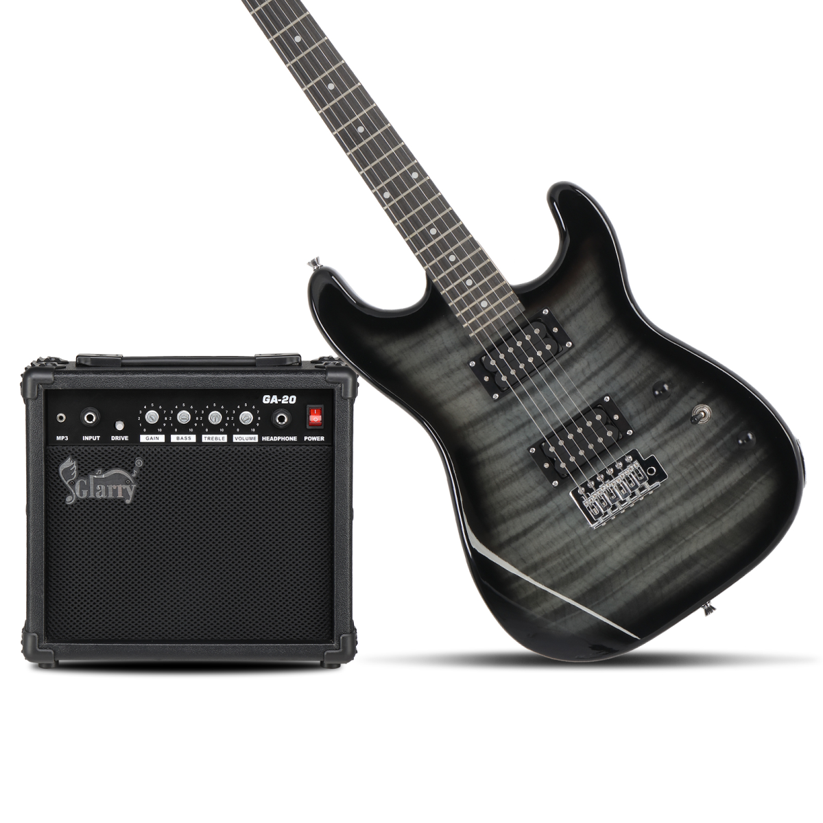 GST Tiger Stripe Electric Guitar Kit with H-H Humbucker Pickups, 20W Amp & Gig Bag – Beginner Set, Black
