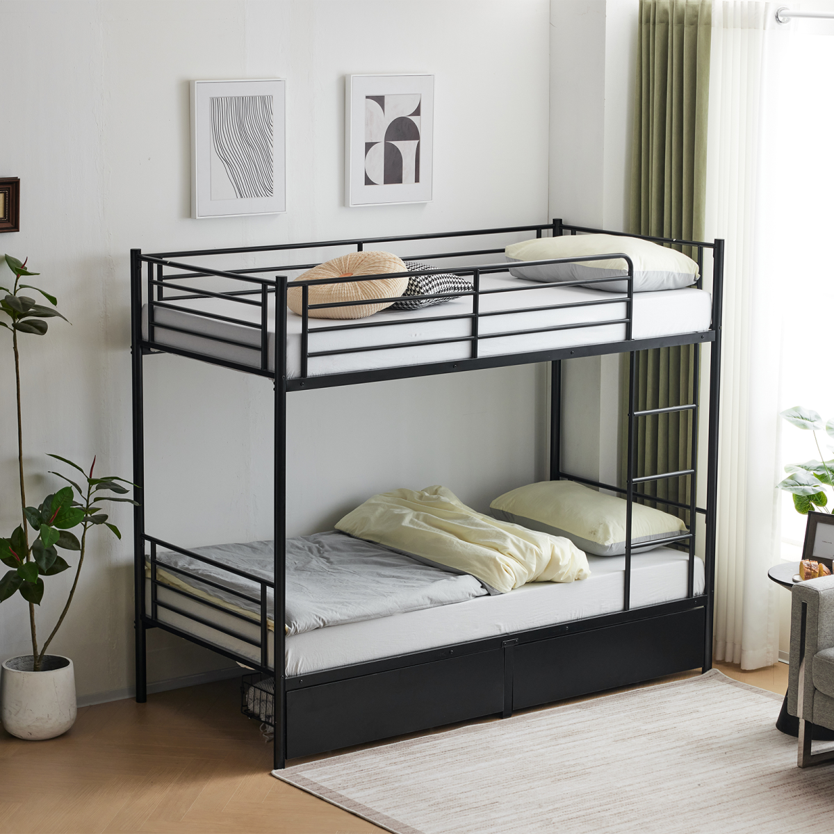 Metal Single Bunk Bed with 2 Storage Drawers, Integrated Ladder & Guard Rail – Black