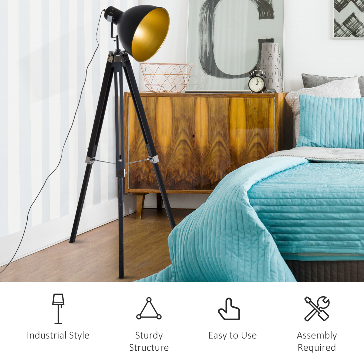 Retro Tripod Floor Lamp with Dome Shade – Black/Gold
